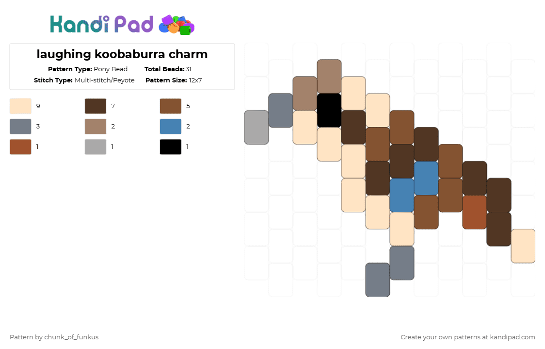 laughing koobaburra charm - Pony Bead Pattern by chunk_of_funkus on Kandi Pad - beige,tan,brown,kookaburra,laughing kookaburra,australia,australian,bird,birds,charm