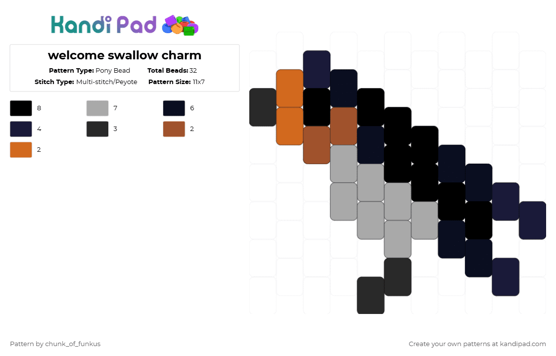 welcome swallow charm - Pony Bead Pattern by chunk_of_funkus on Kandi Pad - black,beige,australia,australian,bird,animal,welcome swallow,swallow,house swallow,australian swallow