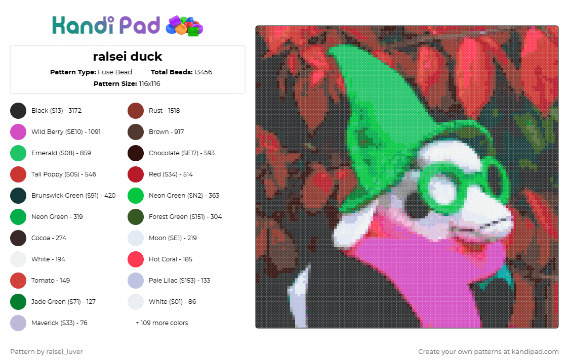ralsei duck - Fuse Bead Pattern by donteatmetal on Kandi Pad - brown, green, pink, red