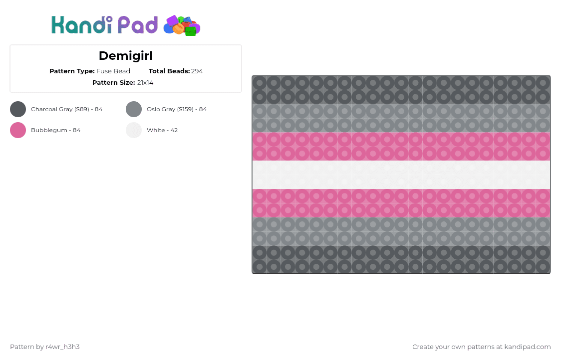 Demigirl - Fuse Bead Pattern by nooo-my-cheesecake on Kandi Pad - gray,pink,pride,lgbt,demigirl,she,they,flag