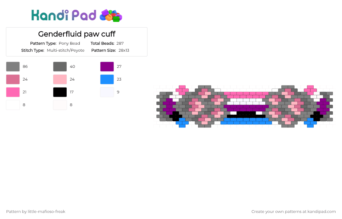 Genderfluid paw cuff - Pony Bead Pattern by nooo-my-cheesecake on Kandi Pad - pink,gray