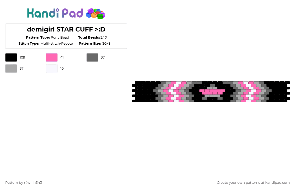 demigirl STAR CUFF >:D - Pony Bead Pattern by nooo-my-cheesecake on Kandi Pad - gray,beige,pink