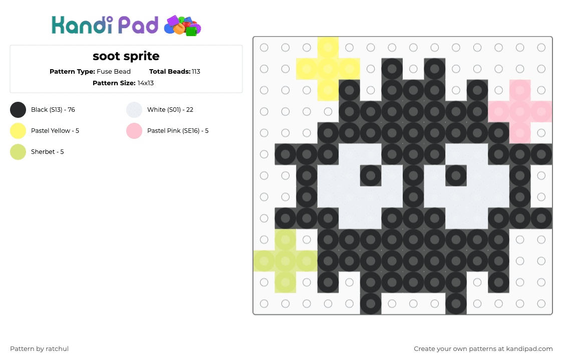 soot sprite - Fuse Bead Pattern by ratchul on Kandi Pad - black,white,yellow,pink,mini,chibi,easy