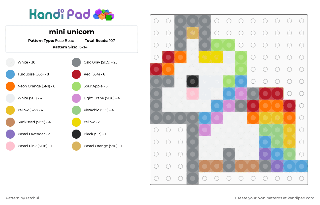 mini unicorn - Fuse Bead Pattern by ratchul on Kandi Pad - orange,light blue,gray