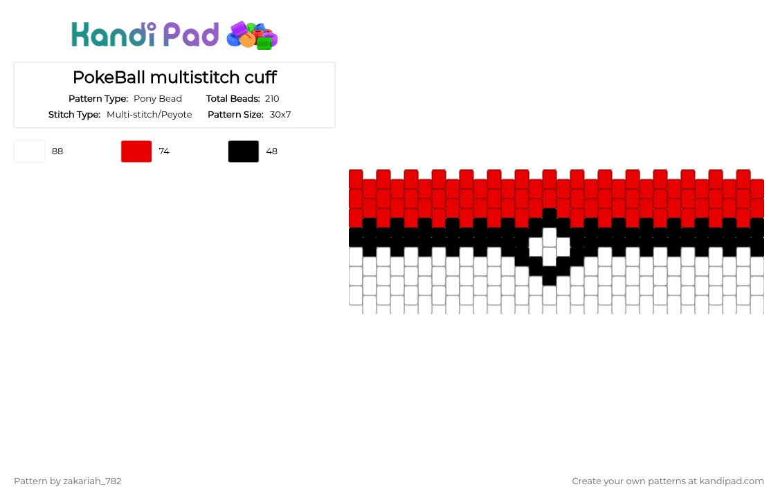 PokeBall multistitch cuff - Pony Bead Pattern by zakariah_782 on Kandi Pad - red,white,pokemon,ball,poke ball,pokemon ball,anime