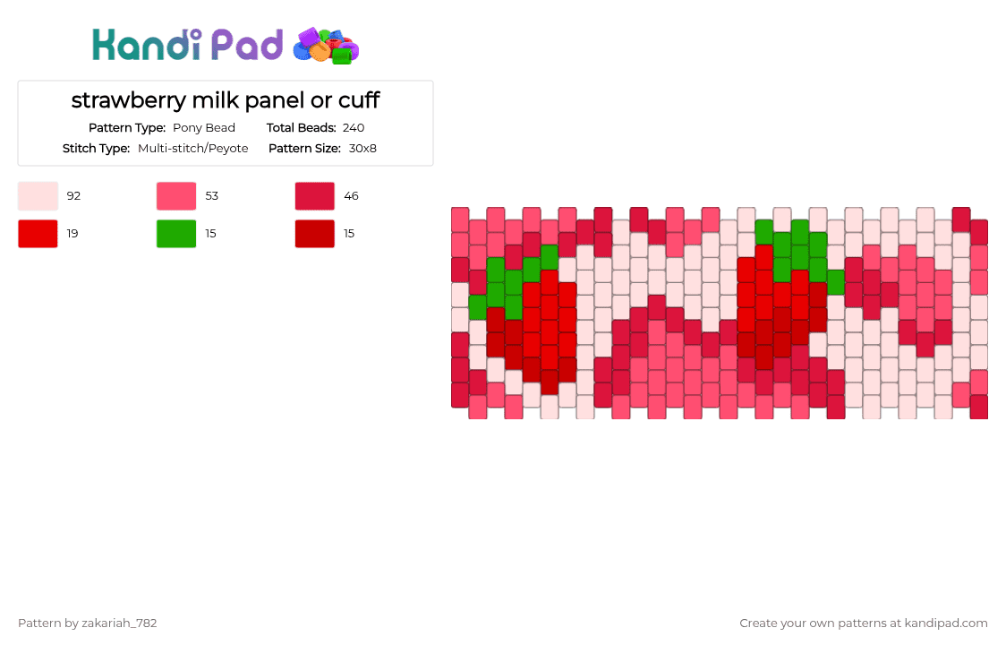 strawberry milk panel or cuff - Pony Bead Pattern by zakariah_782 on Kandi Pad - red,strawberry,milk,strawberry milk,cow,fruit
