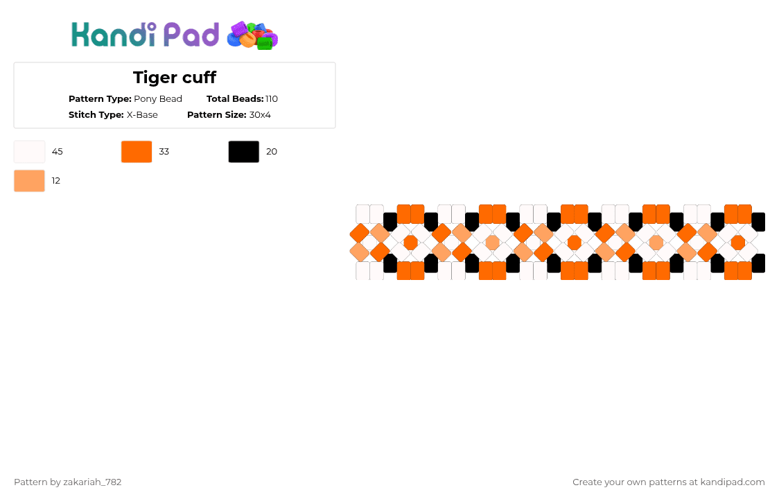 Tiger cuff - Pony Bead Pattern by zakariah_782 on Kandi Pad - white,orange