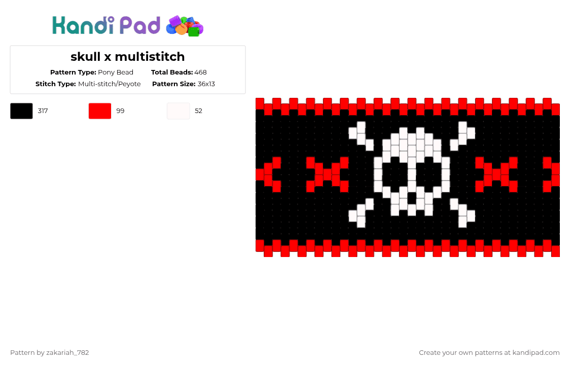 skull x multistitch - Pony Bead Pattern by zakariah_782 on Kandi Pad - black, emo, red, skull, white, x
