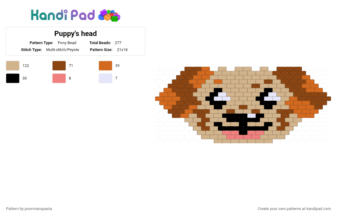Puppy head flat charm - Pony Bead Pattern by poormanspasta on Kandi Pad - beige,red