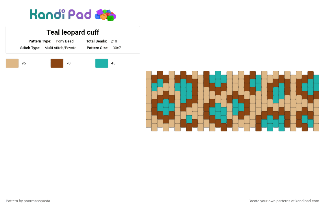 Teal leopard cuff - Pony Bead Pattern by poormanspasta on Kandi Pad - beige,red