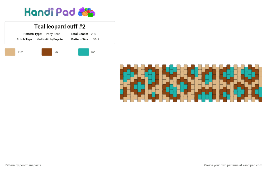 Teal leopard cuff #2 - Pony Bead Pattern by poormanspasta on Kandi Pad - beige,red