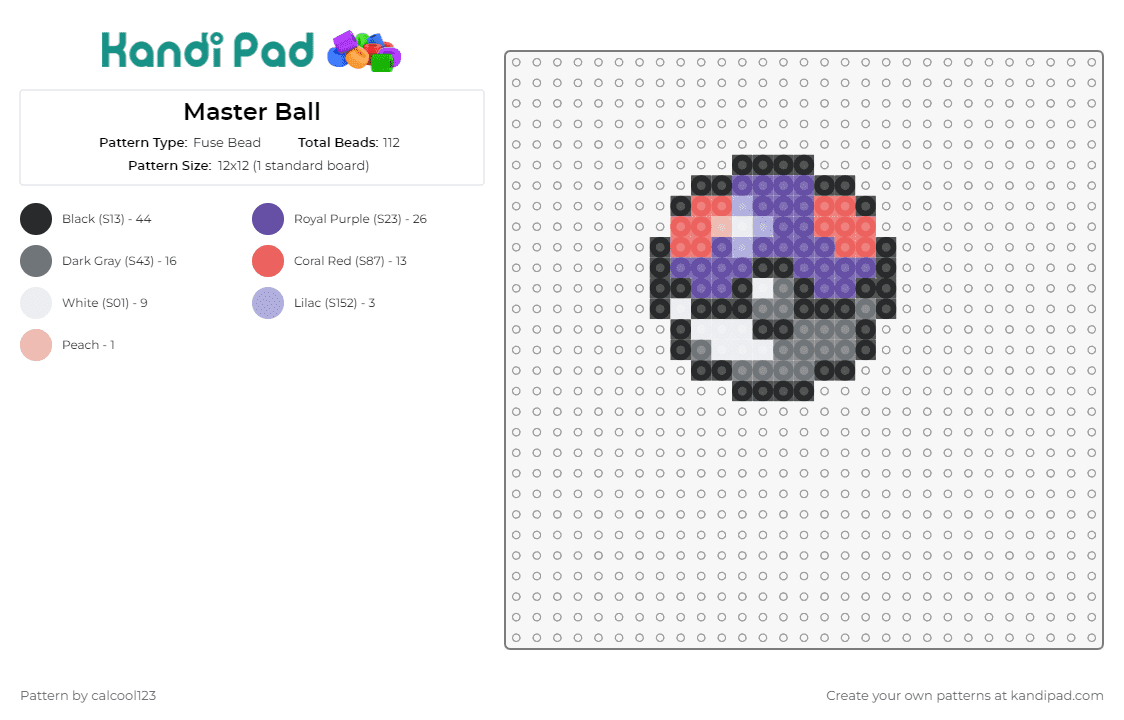 Master Ball - Fuse Bead Pattern by calcool123 on Kandi Pad - master ball,pokeball,pokemon,gaming,iconic,capture,trainer,item,purple