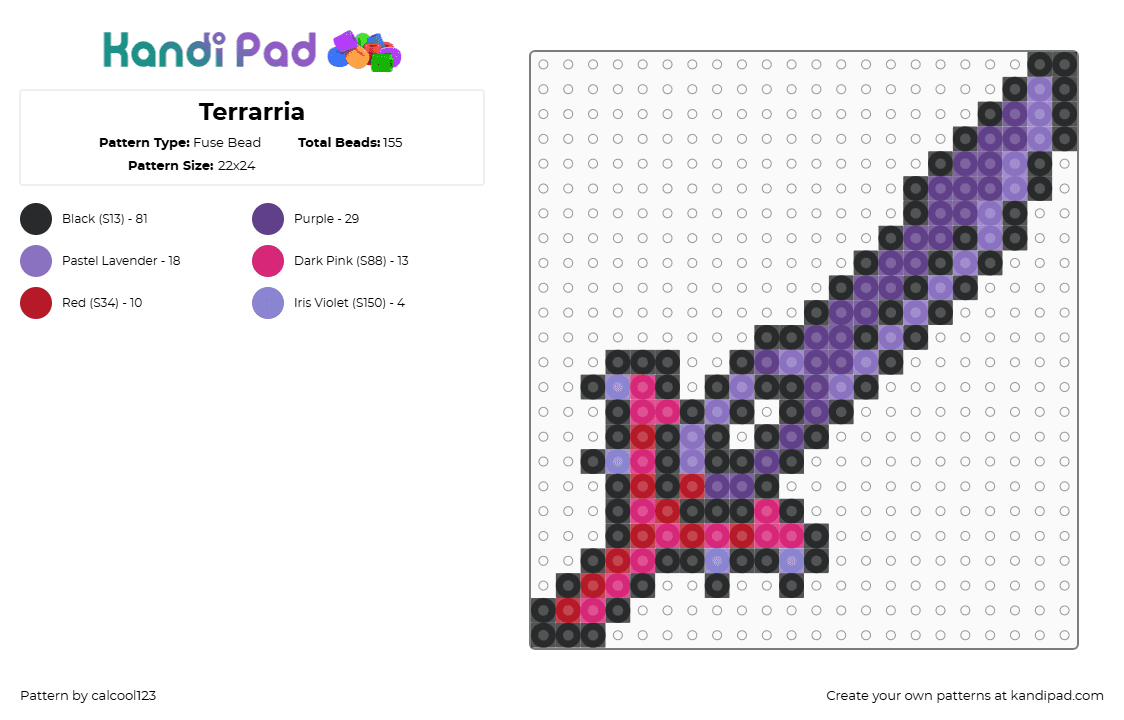 Terrarria - Fuse Bead Pattern by calcool123 on Kandi Pad - sword,terraria,weapon,video game,purple,pink