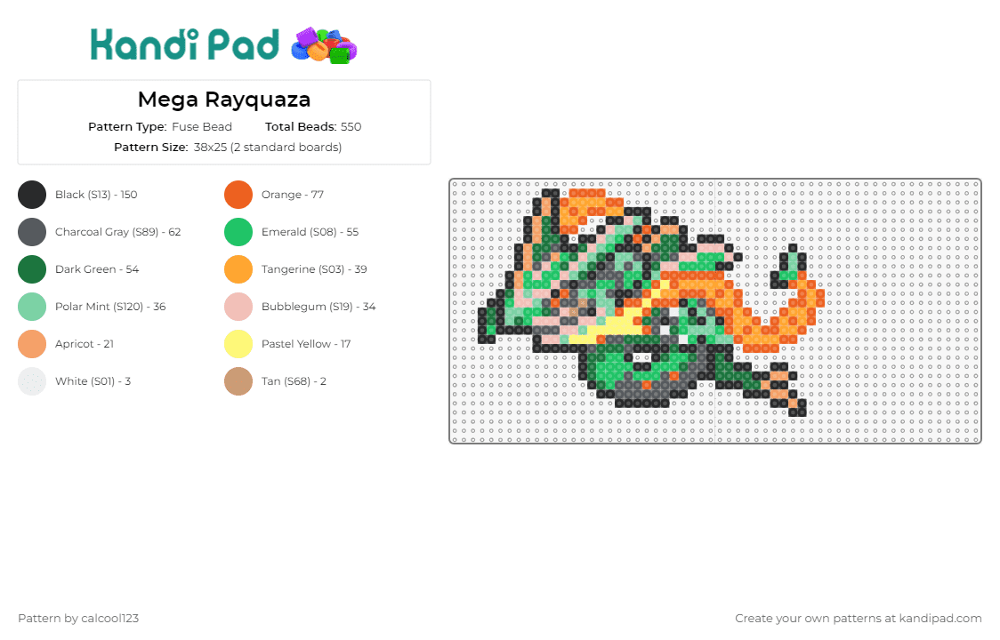 Mega Rayquaza - Fuse Bead Pattern by calcool123 on Kandi Pad - rayquaza,pokemon,mega evolution,legendary,dragon,serpentine,gaming,creature,green