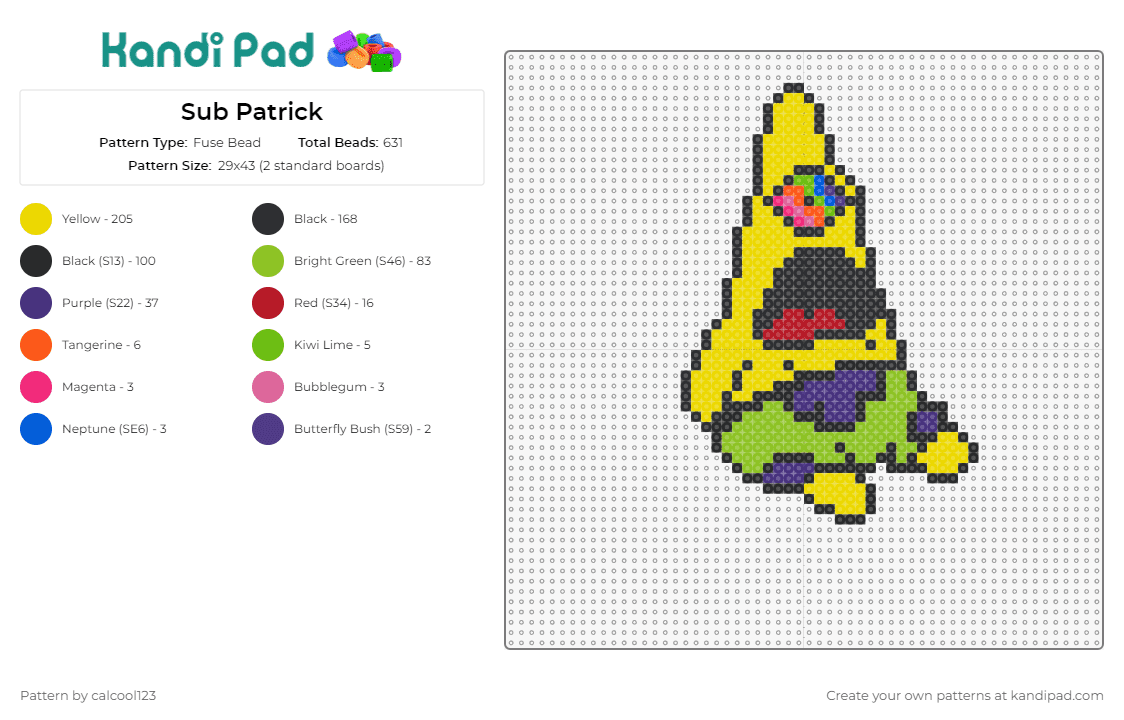 Sub Patrick - Fuse Bead Pattern by calcool123 on Kandi Pad - subtronics,patrick star,cyclops,dj,edm,music,dubstep,mashup,character,energy,lively,unique,spongebob,colorful,yellow