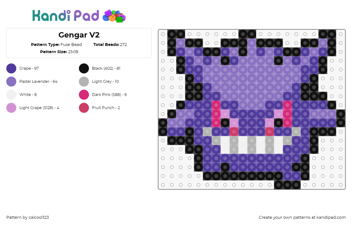 Gengar V2 - Fuse Bead Pattern by calcool123 on Kandi Pad - gengar,pokemon,ghost,character,gaming,nostalgia,purple