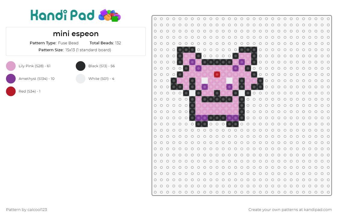 mini espeon - Fuse Bead Pattern by calcool123 on Kandi Pad - espeon,pokemon,miniature,creature,pink,enchanting,fantasy