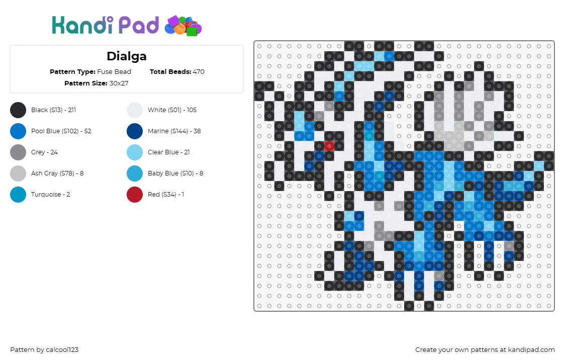 Dialga - Fuse Bead Pattern by calcool123 on Kandi Pad - dialga,pokemon,character,nostalgic,collectors,fantasy,blue,white