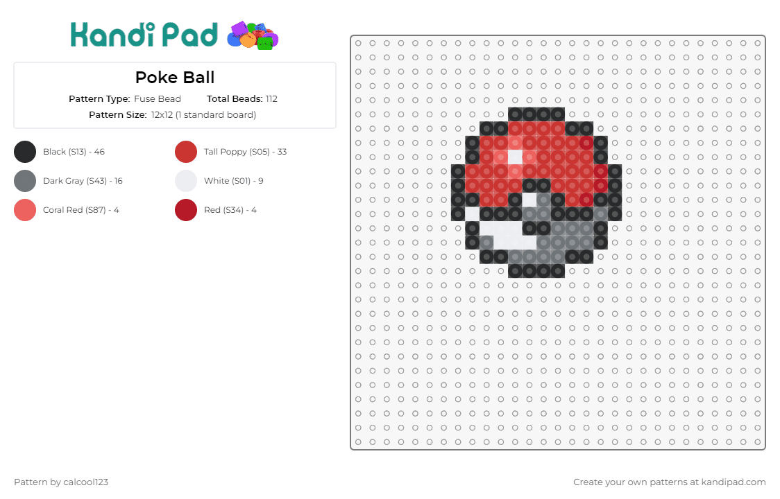 Poke Ball - Fuse Bead Pattern by calcool123 on Kandi Pad - pokeball,pokemon,gaming,capture,trainer,item,red