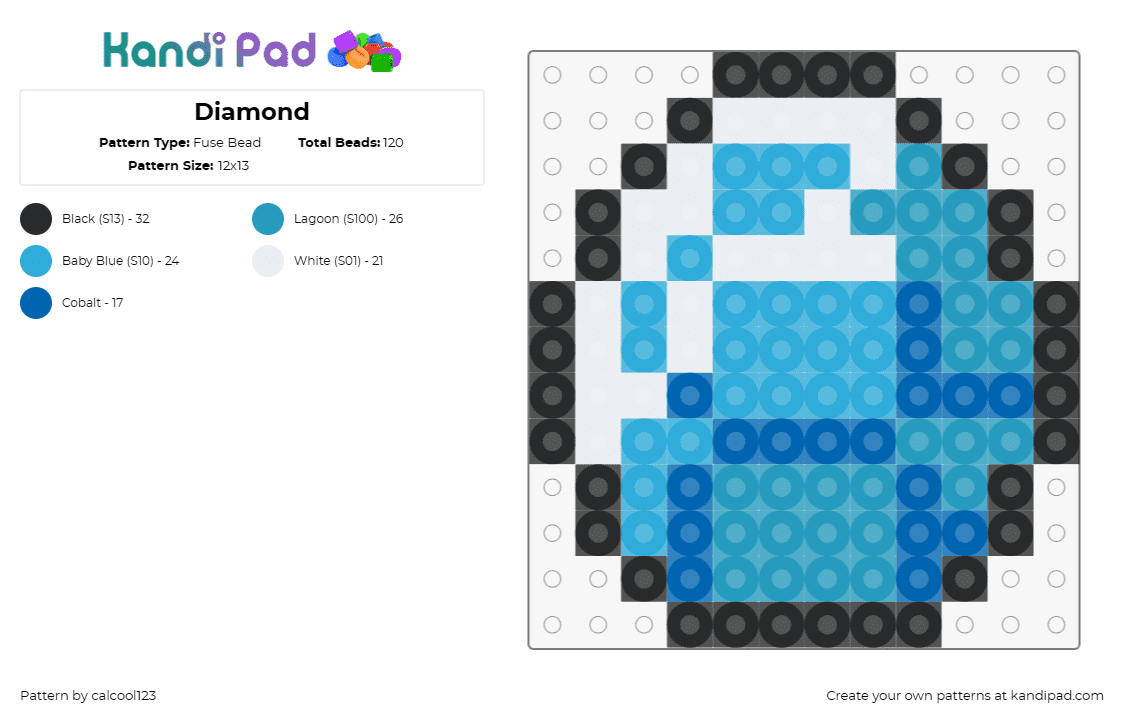 Diamond - Fuse Bead Pattern by calcool123 on Kandi Pad - diamond,gem,minecraft,stone,video game,coin,teal,light blue