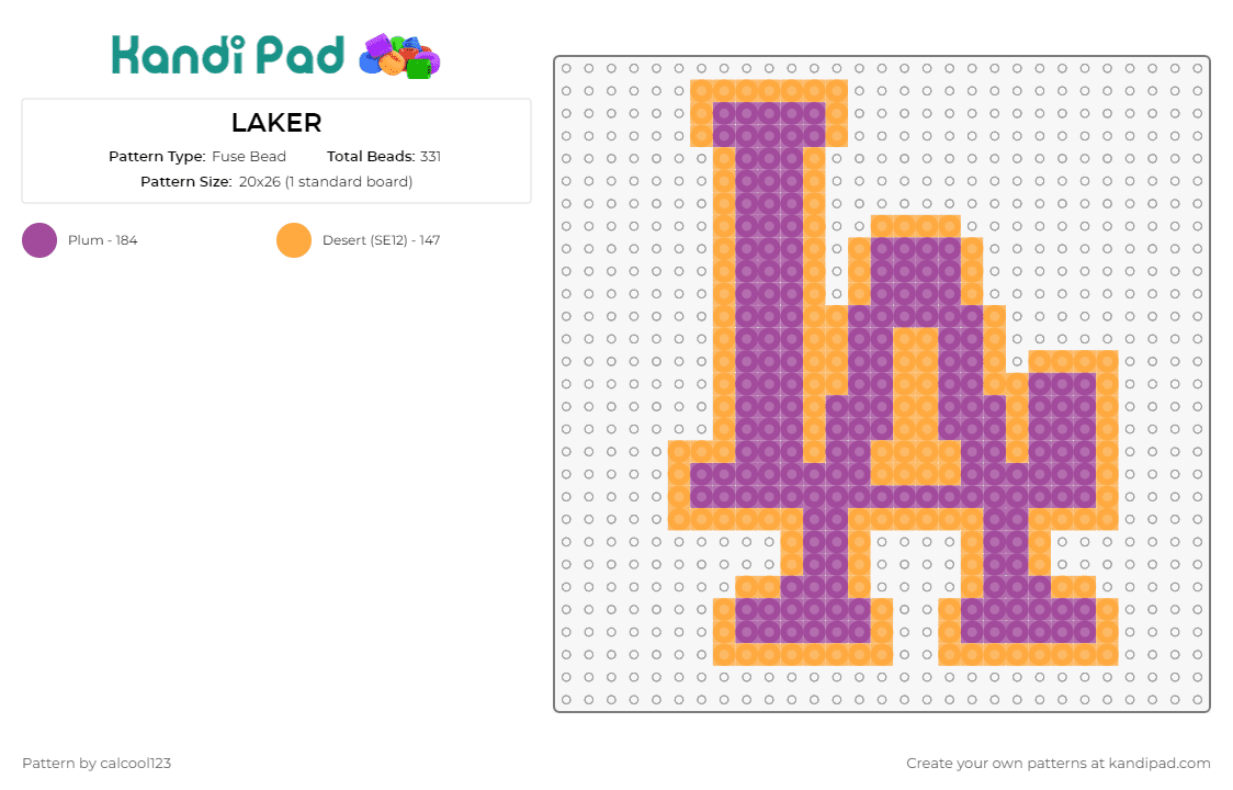 LAKER - Fuse Bead Pattern by calcool123 on Kandi Pad - lakers,los angeles,basketball,sports,team,competition,pride,homage,fan,energetic,purple,orange
