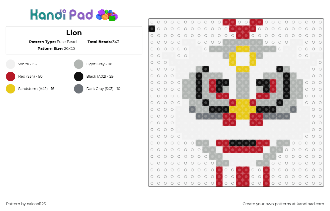 Lion - Fuse Bead Pattern by calcool123 on Kandi Pad - lion,dragon,mask,white,cultural,symbolism,mystique,power,mythology