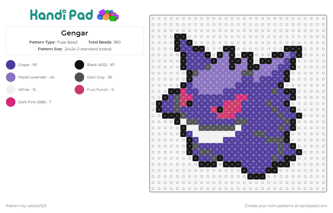 Gengar - Fuse Bead Pattern by calcool123 on Kandi Pad - gengar,pokemon,ghost,mischief,playful,smile,creation,nostalgia,purple