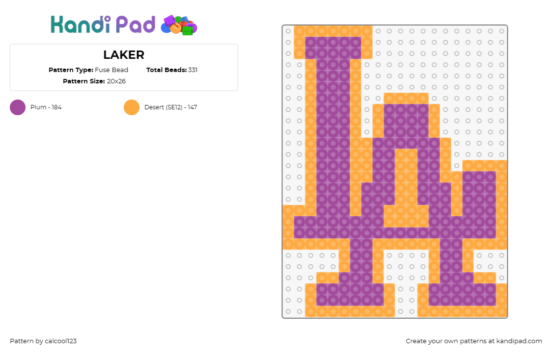 LAKER - Fuse Bead Pattern by calcool123 on Kandi Pad - lakers,los angeles,basketball,sports,team,competition,pride,fan,energetic,purple