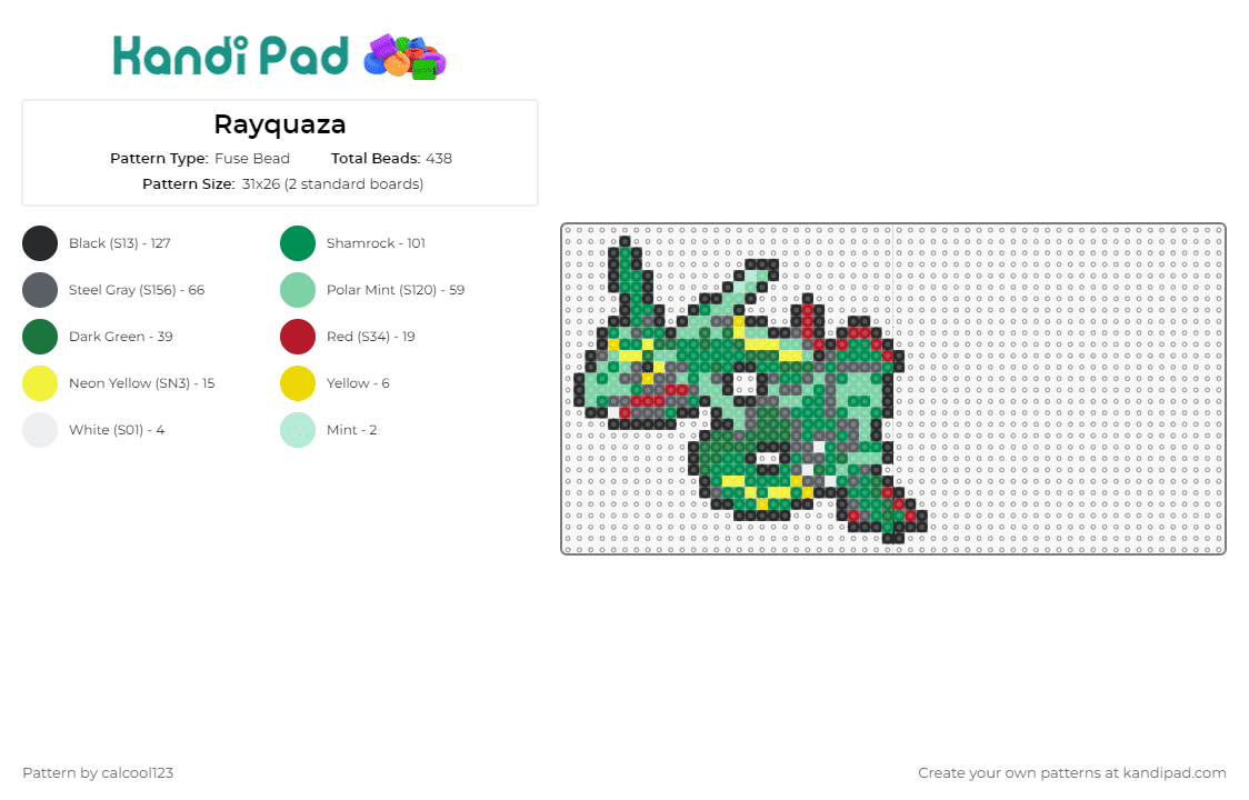 Rayquaza - Fuse Bead Pattern by calcool123 on Kandi Pad - rayquaza,pokemon,legendary,dragon,serpentine,gaming,creature,mythic,green