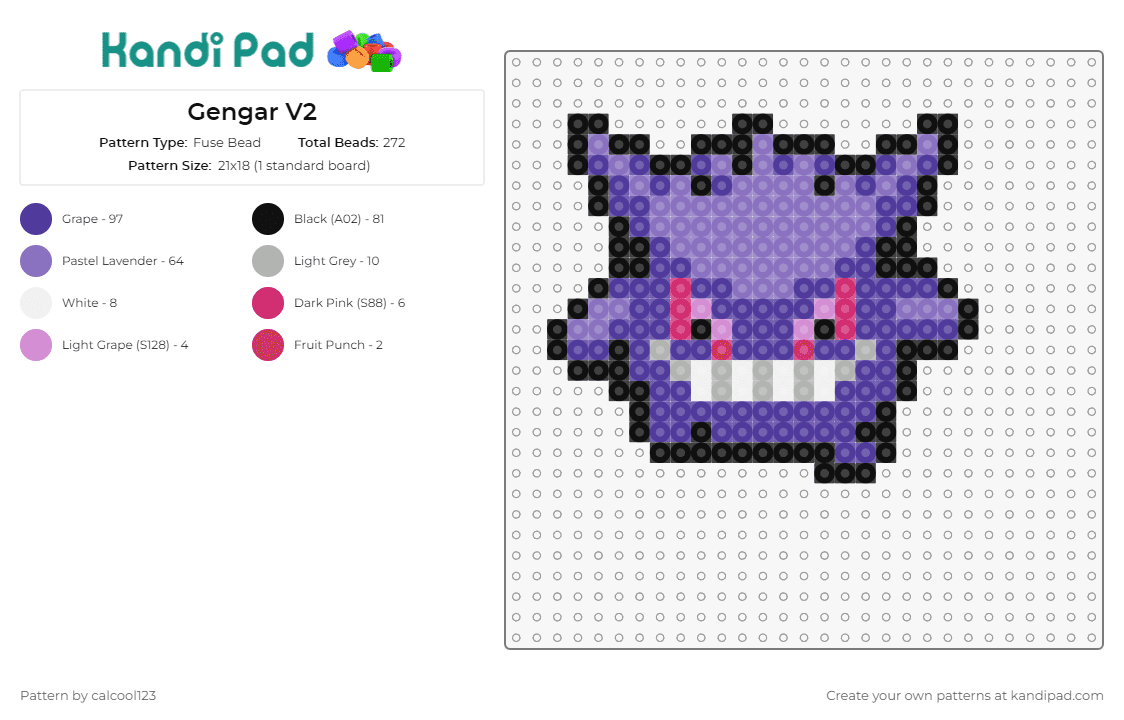 Gengar V2 - Fuse Bead Pattern by calcool123 on Kandi Pad - gengar,pokemon,ghost,character,gaming,nostalgia,whimsy,purple