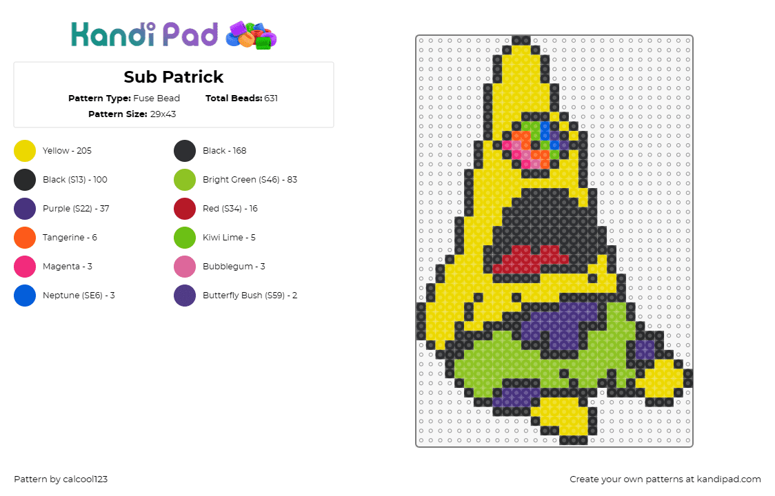 Sub Patrick - Fuse Bead Pattern by calcool123 on Kandi Pad - subtronics,patrick star,cyclops,dj,edm,music,dubstep,mashup,character,energy,liv