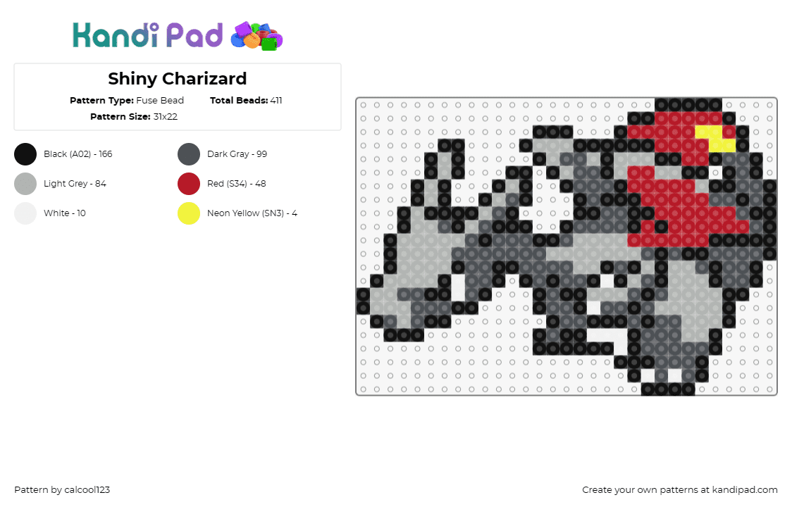 Shiny Charizard - Fuse Bead Pattern by calcool123 on Kandi Pad - charizard,pokemon,gray,shiny,gaming,nostalgia