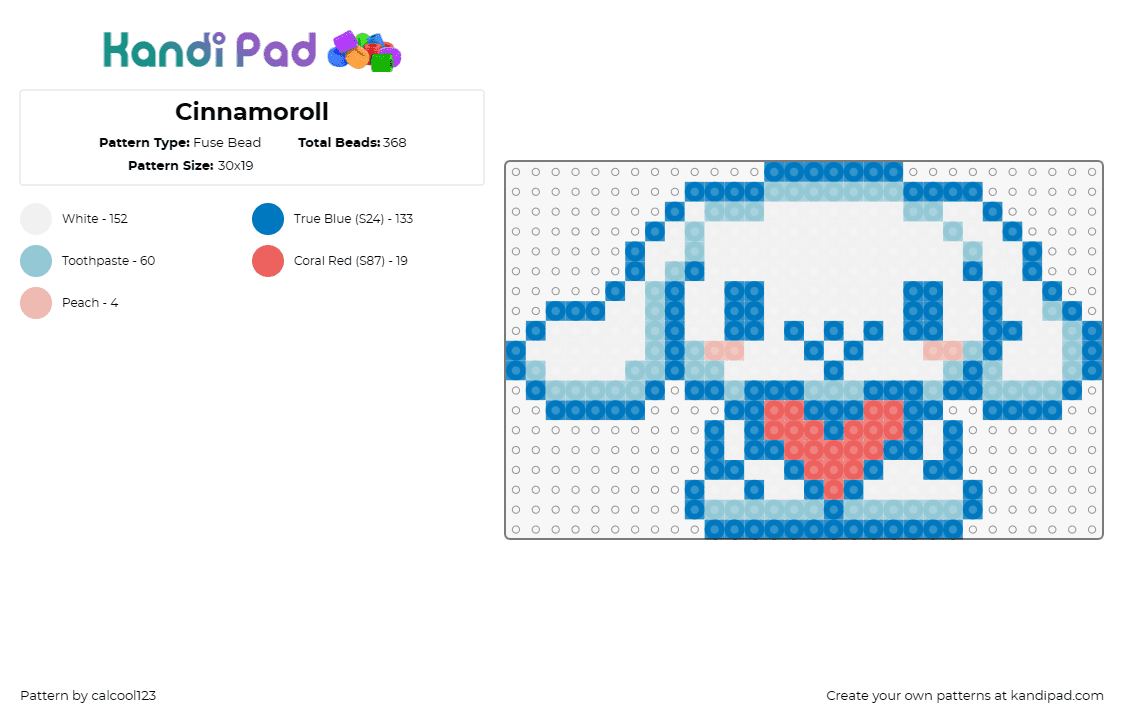 Cinnamoroll - Fuse Bead Pattern by calcool123 on Kandi Pad - cinnamoroll,sanrio,cute,heart,lovable,puppy,blue,white