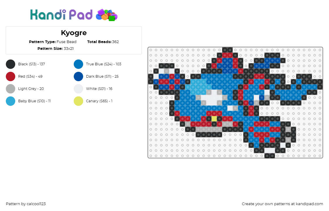 Kyogre - Fuse Bead Pattern by calcool123 on Kandi Pad - kyogre,pokemon,aquatic,powerful,bold statement,blue