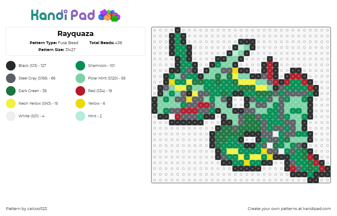 Rayquaza - Fuse Bead Pattern by calcool123 on Kandi Pad - rayquaza,pokemon,legendary,dragon,serpentine,gaming,creature,mythic,green