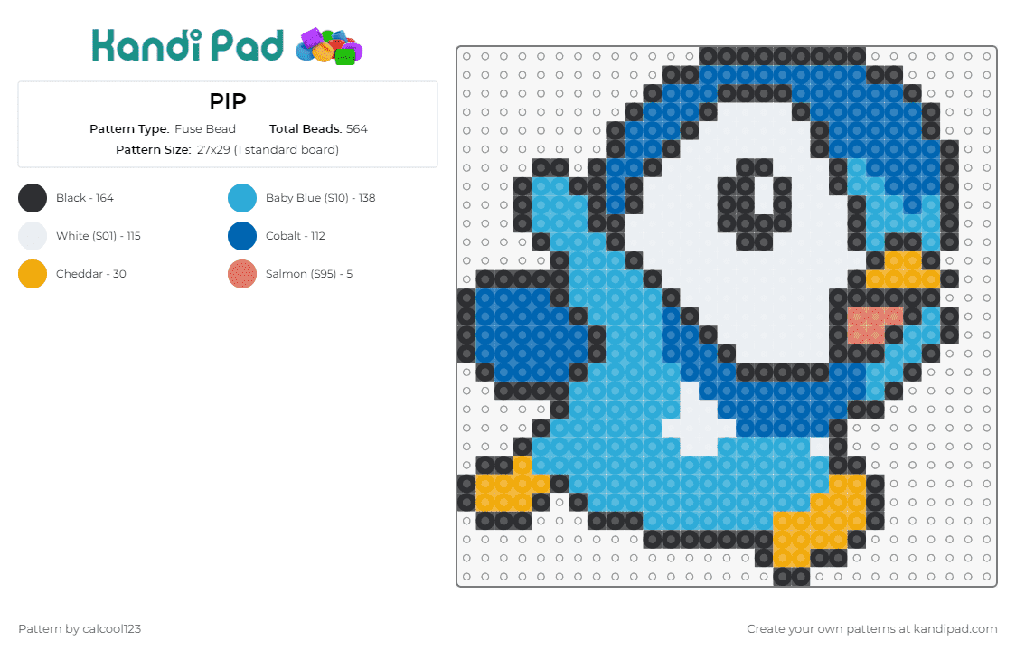 PIP - Fuse Bead Pattern by calcool123 on Kandi Pad - piplup,pokemon,penguin,cute,bird,adorable,charm,crafting,trainers,blue