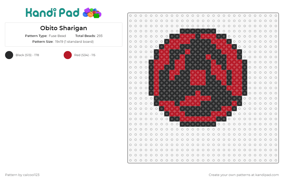 Obito Sharigan - Fuse Bead Pattern by calcool123 on Kandi Pad - obito uchiha,naruto,anime,gaze,intensity,character,depth,complexity,red,black