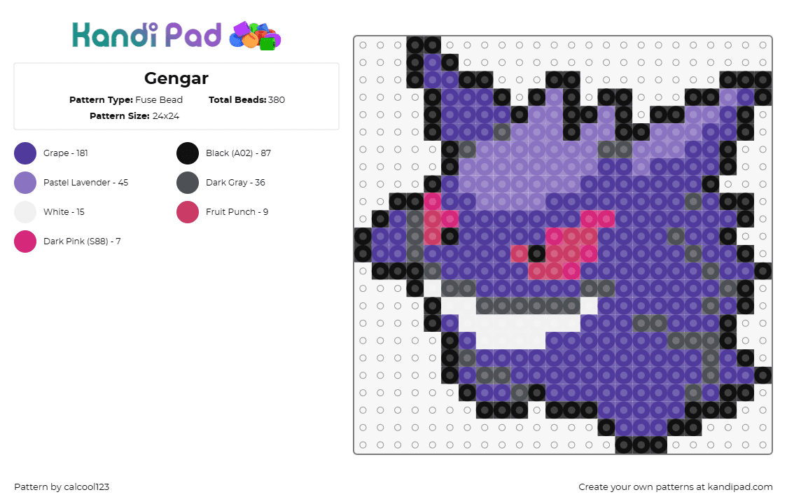 Gengar - Fuse Bead Pattern by calcool123 on Kandi Pad - gengar,pokemon,ghost,mischief,playful,smile,creation,nostalgia,purple