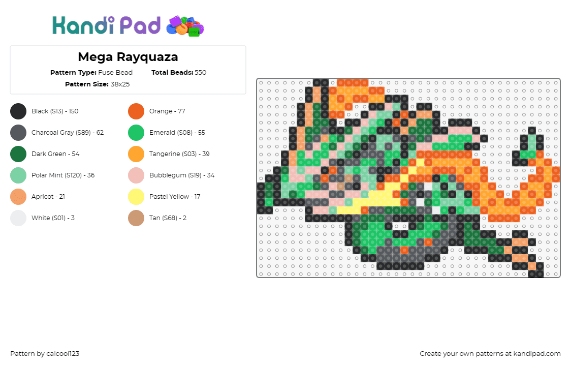 Mega Rayquaza - Fuse Bead Pattern by calcool123 on Kandi Pad - rayquaza,pokemon,mega evolution,legendary,dragon,serpentine,gaming,creature,gree