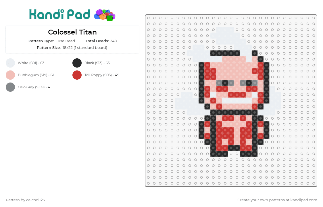 Colossel Titan - Fuse Bead Pattern by calcool123 on Kandi Pad - colossal,attack on titan,aot,anime,chibi,character,playful,formidable,whimsy,might,red,pink