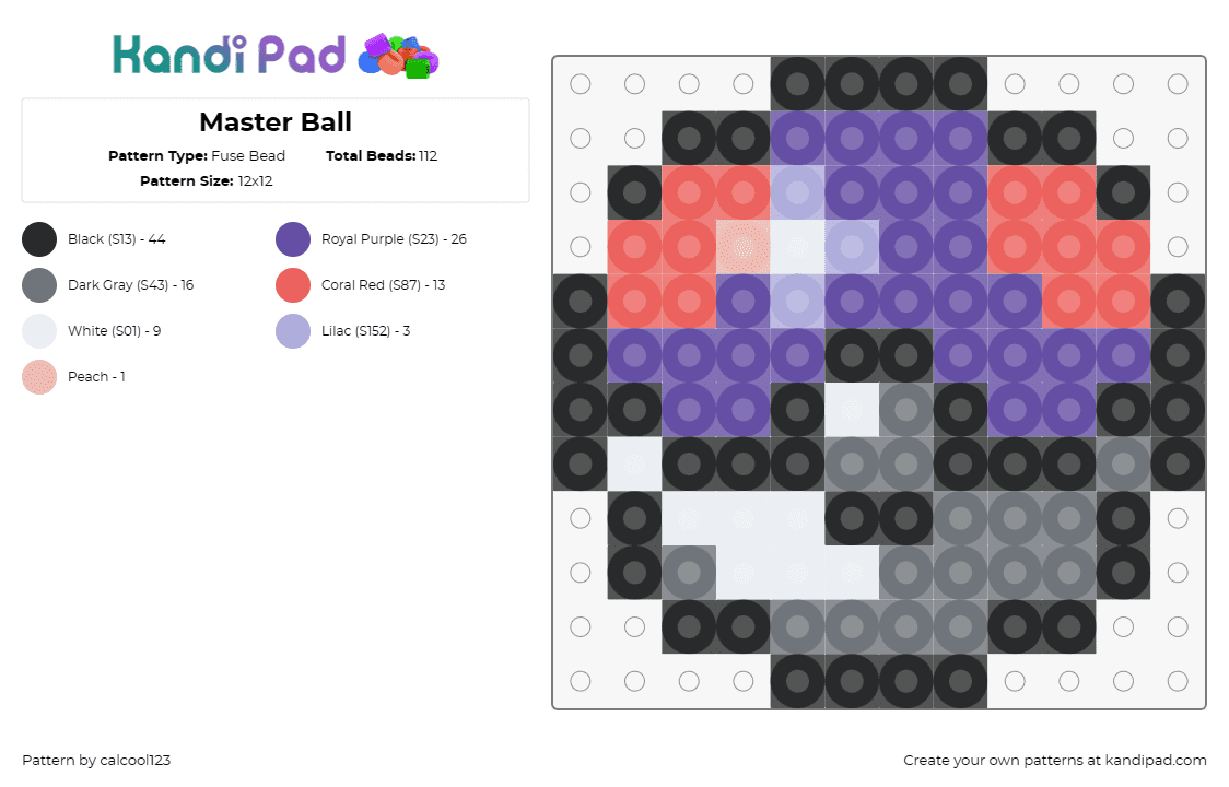 Master Ball - Fuse Bead Pattern by calcool123 on Kandi Pad - master ball,pokeball,pokemon,gaming,capture,trainer,item,purple