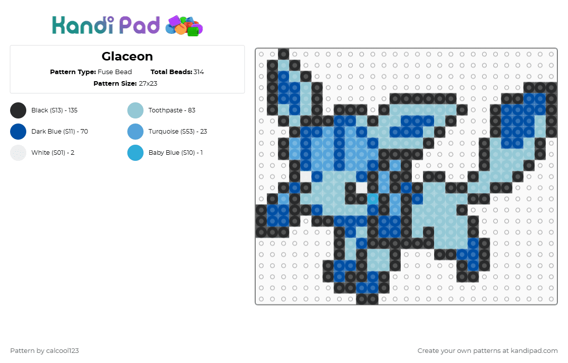 Glaceon - Fuse Bead Pattern by calcool123 on Kandi Pad - blue,light blue