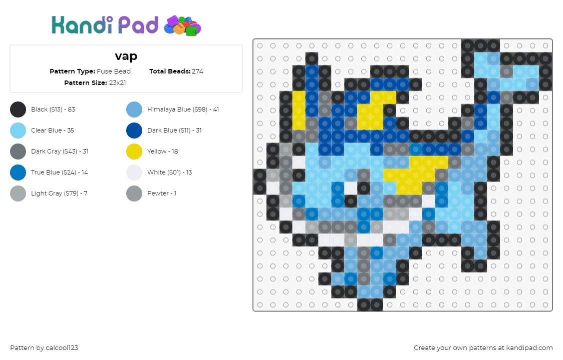 vap - Fuse Bead Pattern by calcool123 on Kandi Pad - vaporeon,pokemon,character,evolution,eevee,gaming,light blue,blue