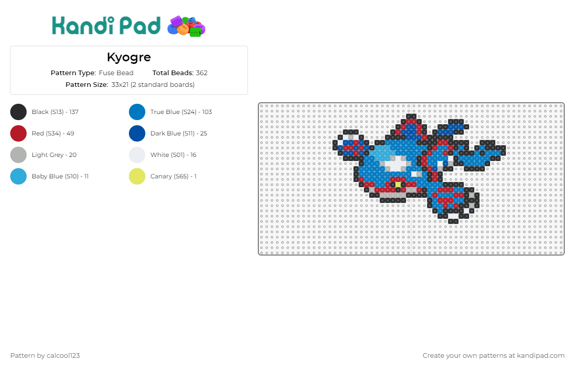 Kyogre - Fuse Bead Pattern by calcool123 on Kandi Pad - kyogre,pokemon,aquatic,powerful,dynamic,bold statement,blue
