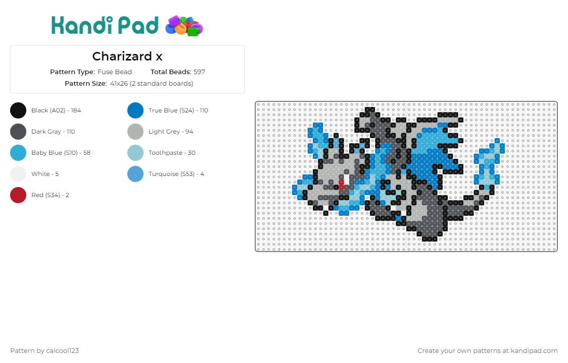 Charizard x - Fuse Bead Pattern by calcool123 on Kandi Pad - charizard,pokemon,gray,blue,gaming,nostalgia
