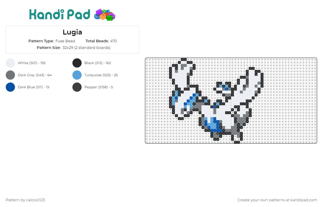 Lugia - Fuse Bead Pattern by calcool123 on Kandi Pad - lugia,pokemon,legendary,creature,tribute,iconic,cool palette,white