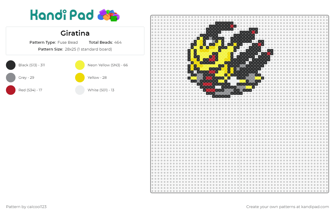 Giratina - Fuse Bead Pattern by calcool123 on Kandi Pad - giratina,pokemon,fantasy,creature,iconic,collectors,swirl,mythical,standout,gray,yellow