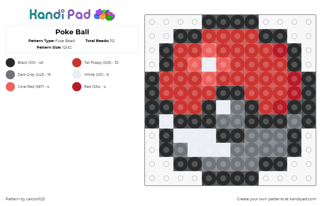 Poke Ball - Fuse Bead Pattern by calcool123 on Kandi Pad - pokeball,pokemon,gaming,red,white,gray