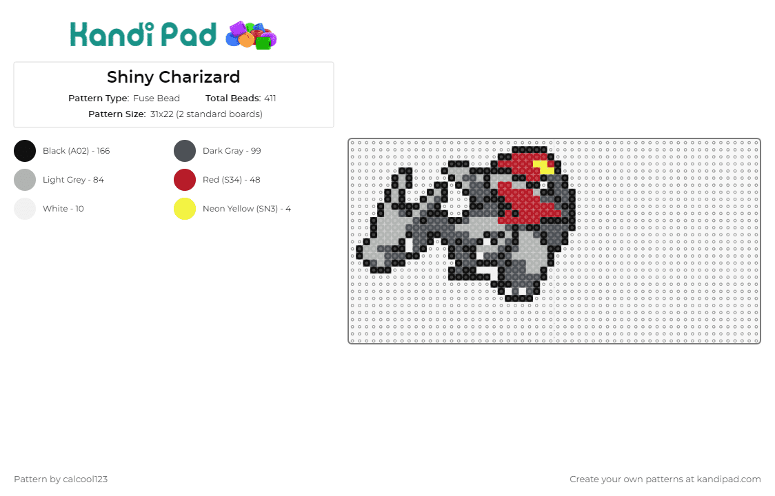 Shiny Charizard - Fuse Bead Pattern by calcool123 on Kandi Pad - charizard,pokemon,gray,shiny,gaming,nostalgia