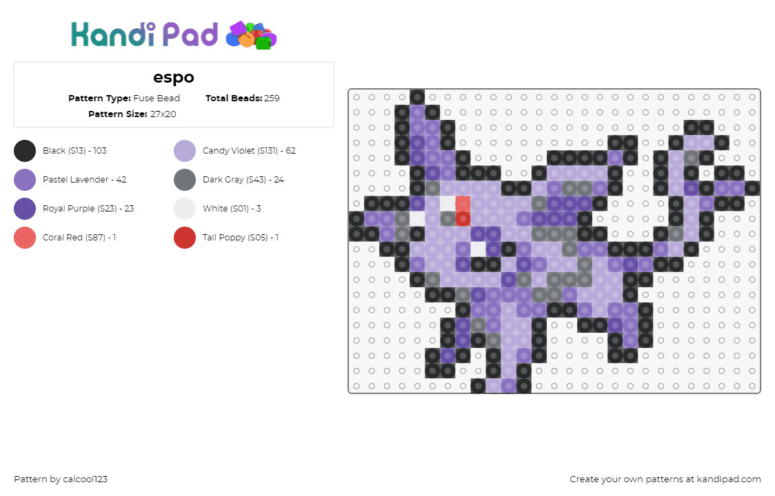 espo - Fuse Bead Pattern by calcool123 on Kandi Pad - espeon,pokemon,character,evolution,eevee,gaming,purple